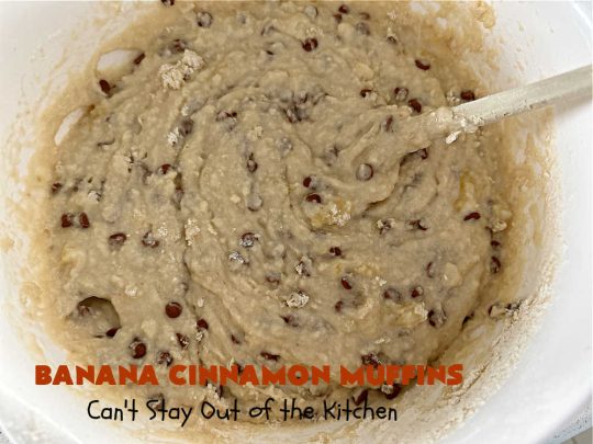 Banana Cinnamon Muffins | Can't Stay Out of the Kitchen | #Cinnamon flavor explodes in these lovely #muffins due to the addition of #CinnamonChips in the batter. They're sure to cure any sweet tooth craving although you may want seconds! #Applesauce & #bananas keep these #breakfast #muffins moist. Great choice for a weekday, company or #holiday #breakfast or #brunch. #BananaCinnamonMuffins