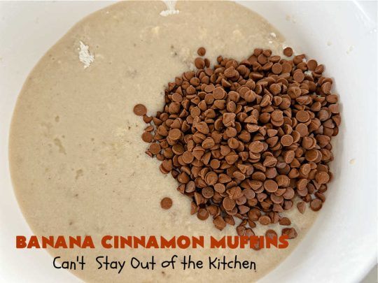 Banana Cinnamon Muffins | Can't Stay Out of the Kitchen | #Cinnamon flavor explodes in these lovely #muffins due to the addition of #CinnamonChips in the batter. They're sure to cure any sweet tooth craving although you may want seconds! #Applesauce & #bananas keep these #breakfast #muffins moist. Great choice for a weekday, company or #holiday #breakfast or #brunch. #BananaCinnamonMuffins