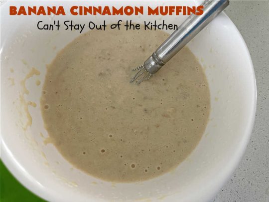 Banana Cinnamon Muffins | Can't Stay Out of the Kitchen | #Cinnamon flavor explodes in these lovely #muffins due to the addition of #CinnamonChips in the batter. They're sure to cure any sweet tooth craving although you may want seconds! #Applesauce & #bananas keep these #breakfast #muffins moist. Great choice for a weekday, company or #holiday #breakfast or #brunch. #BananaCinnamonMuffins