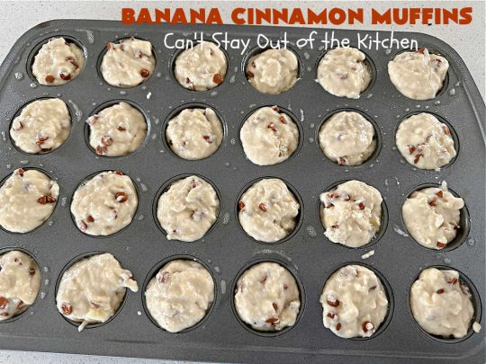 Banana Cinnamon Muffins | Can't Stay Out of the Kitchen | #Cinnamon flavor explodes in these lovely #muffins due to the addition of #CinnamonChips in the batter. They're sure to cure any sweet tooth craving although you may want seconds! #Applesauce & #bananas keep these #breakfast #muffins moist. Great choice for a weekday, company or #holiday #breakfast or #brunch. #BananaCinnamonMuffins