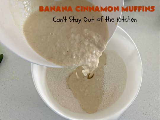 Banana Cinnamon Muffins | Can't Stay Out of the Kitchen | #Cinnamon flavor explodes in these lovely #muffins due to the addition of #CinnamonChips in the batter. They're sure to cure any sweet tooth craving although you may want seconds! #Applesauce & #bananas keep these #breakfast #muffins moist. Great choice for a weekday, company or #holiday #breakfast or #brunch. #BananaCinnamonMuffins