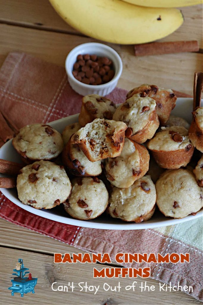 Banana Cinnamon Muffins | Can't Stay Out of the Kitchen | #Cinnamon flavor explodes in these lovely #muffins due to the addition of #CinnamonChips in the batter. They're sure to cure any sweet tooth craving although you may want seconds! #Applesauce & #bananas keep these #breakfast #muffins moist. Great choice for a weekday, company or #holiday #breakfast or #brunch. #BananaCinnamonMuffins
