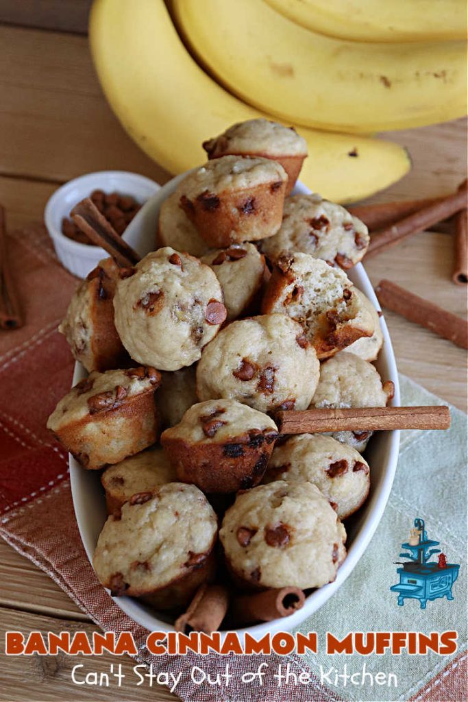 Banana Cinnamon Muffins | Can't Stay Out of the Kitchen | #Cinnamon flavor explodes in these lovely #muffins due to the addition of #CinnamonChips in the batter. They're sure to cure any sweet tooth craving although you may want seconds! #Applesauce & #bananas keep these #breakfast #muffins moist. Great choice for a weekday, company or #holiday #breakfast or #brunch. #BananaCinnamonMuffins
