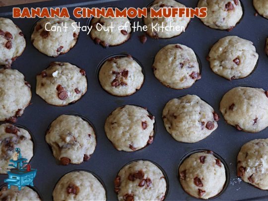 Banana Cinnamon Muffins | Can't Stay Out of the Kitchen | #Cinnamon flavor explodes in these lovely #muffins due to the addition of #CinnamonChips in the batter. They're sure to cure any sweet tooth craving although you may want seconds! #Applesauce & #bananas keep these #breakfast #muffins moist. Great choice for a weekday, company or #holiday #breakfast or #brunch. #BananaCinnamonMuffins