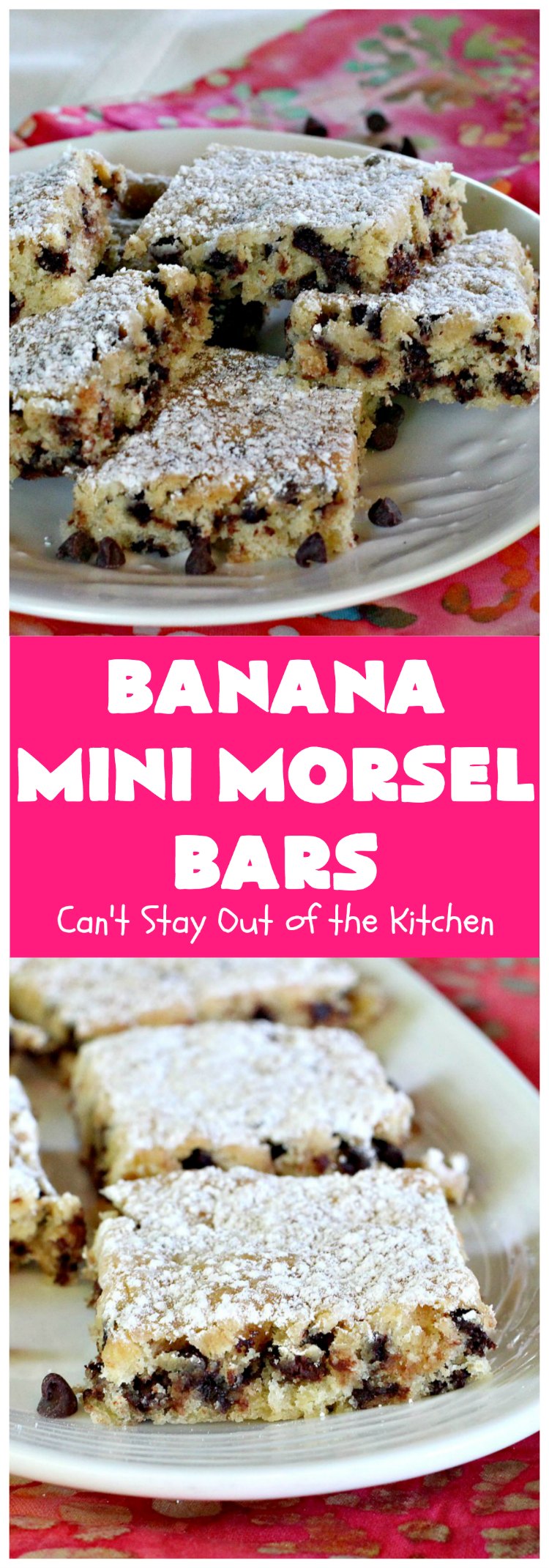 Banana Mini Morsel Bars | Can't Stay Out of the Kitchen | these lovely #cookies feature miniature #ChocolateChips & #bananas. They're so easy to whip up. Plus they're terrific for #tailgating parties, potlucks, backyard BBQs or anytime you need to whip up a quick #dessert. #BananaDessert #ChocolateDessert #chocolate #BananaMiniMorselBars