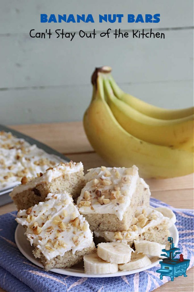 Banana Nut Bars | Can't Stay Out of the Kitchen | Be prepared to swoon over these delectable bar-type #cookies. The #brownie is made with #bananas, #walnuts & #SourCream. The #CreamCheeseIcing includes more #nuts on top. They'll cure every sweet tooth craving. Great for #potlucks, #BackyardBarbecues or anytime you have an abundance of #OverripeBananas! #dessert #BananaDessert #BananaNutBars