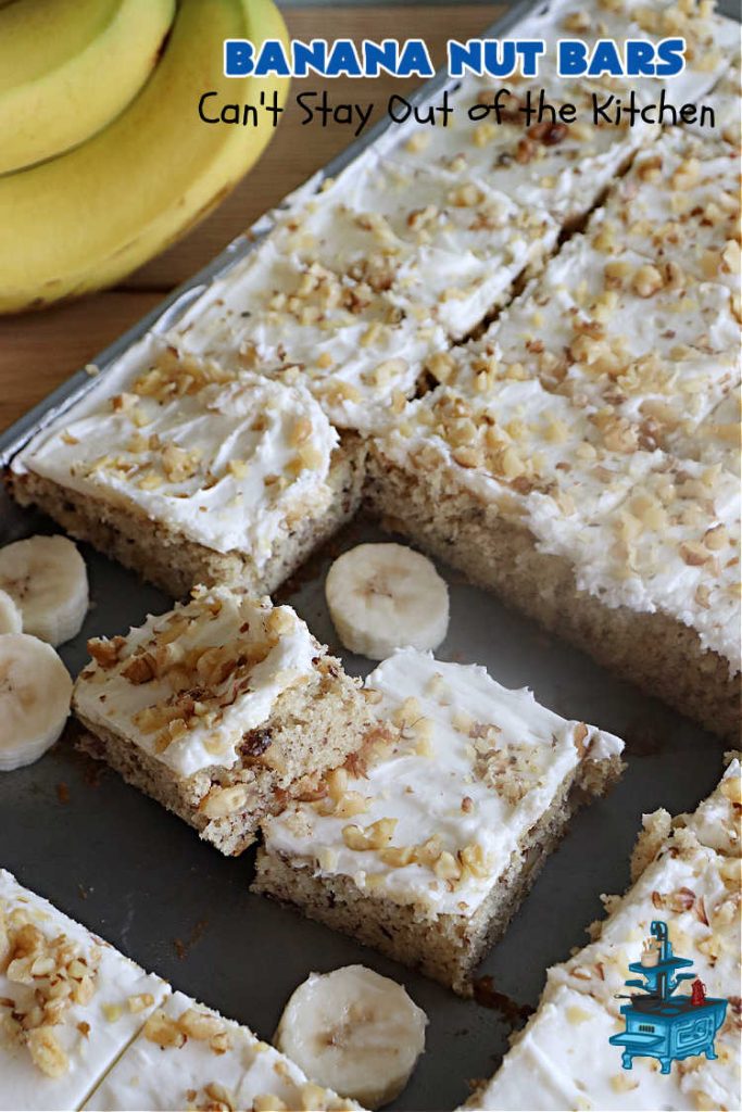 Banana Nut Bars | Can't Stay Out of the Kitchen | Be prepared to swoon over these delectable bar-type #cookies. The #brownie is made with #bananas, #walnuts & #SourCream. The #CreamCheeseIcing includes more #nuts on top. They'll cure every sweet tooth craving. Great for #potlucks, #BackyardBarbecues or anytime you have an abundance of #OverripeBananas! #dessert #BananaDessert #BananaNutBars