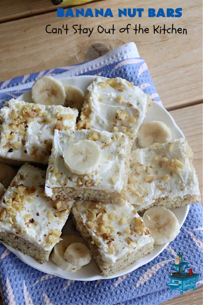 Banana Nut Bars | Can't Stay Out of the Kitchen | Be prepared to swoon over these delectable bar-type #cookies. The #brownie is made with #bananas, #walnuts & #SourCream. The #CreamCheeseIcing includes more #nuts on top. They'll cure every sweet tooth craving. Great for #potlucks, #BackyardBarbecues or anytime you have an abundance of #OverripeBananas! #dessert #BananaDessert #BananaNutBars