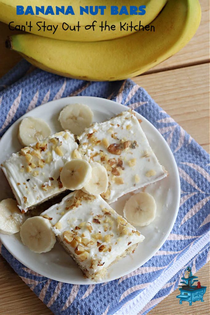 Banana Nut Bars | Can't Stay Out of the Kitchen | Be prepared to swoon over these delectable bar-type #cookies. The #brownie is made with #bananas, #walnuts & #SourCream. The #CreamCheeseIcing includes more #nuts on top. They'll cure every sweet tooth craving. Great for #potlucks, #BackyardBarbecues or anytime you have an abundance of #OverripeBananas! #dessert #BananaDessert #BananaNutBars