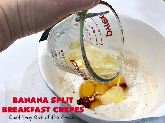 Banana Split Breakfast Crêpes | Can't Stay Out of the Kitchen | these spectacular #breakfast #crêpes will rock your world! They're filling with a #pineapple filling & sliced #bananas. Then garnished with #walnuts, bananas #MaraschinoCherries & whipped cream. Perfect for a company or #holiday breakfast. #BreakfastCrêpes #BananaSplit #BananaSplitBreakfastCrêpes