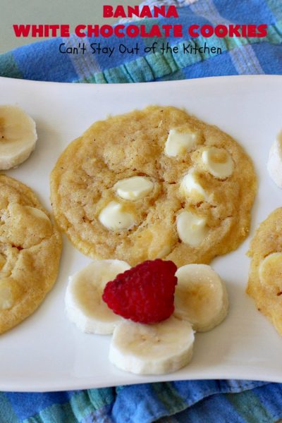 Banana White Chocolate Cookies | Can't Stay Out of the Kitchen | these 4-ingredient #cookies are irresistible. Plus, they can be whipped up in under 30 minutes! Perfect #dessert for #holiday parties and #ChristmasCookieExchanges when you're busy & short on time. #tailgating #bananas #CakeMixCookies #chocolate #baking #BananaDessert #WhiteChocolateChips #ChocolateDessert