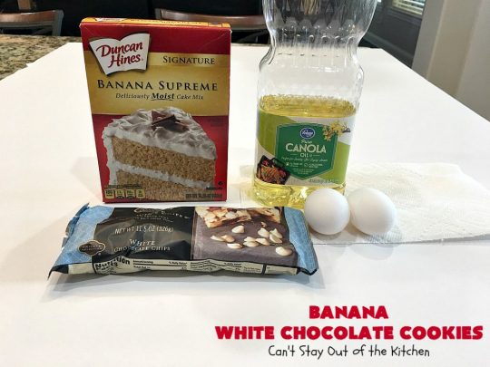 Banana White Chocolate Cookies | Can't Stay Out of the Kitchen | these 4-ingredient #cookies are irresistible. Plus, they can be whipped up in under 30 minutes! Perfect #dessert for #holiday parties and #ChristmasCookieExchanges when you're busy & short on time. #tailgating #bananas #CakeMixCookies #chocolate #baking #BananaDessert #WhiteChocolateChips #ChocolateDessert