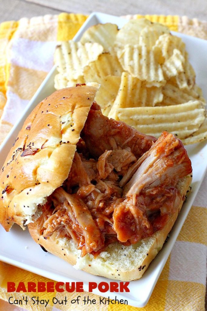 Barbecue Pork | Can't Stay Out of the Kitchen | this is the BEST pulled #pork #recipe ever! We serve it on onion rolls, plain or stuffed in baked potatoes. It's finger lickin' good! The homemade #BBQ sauce is amazing. #BarbecuePork #PulledPork #Sandwich #Crockpot #BBQPorkSandwiches #SlowCooker