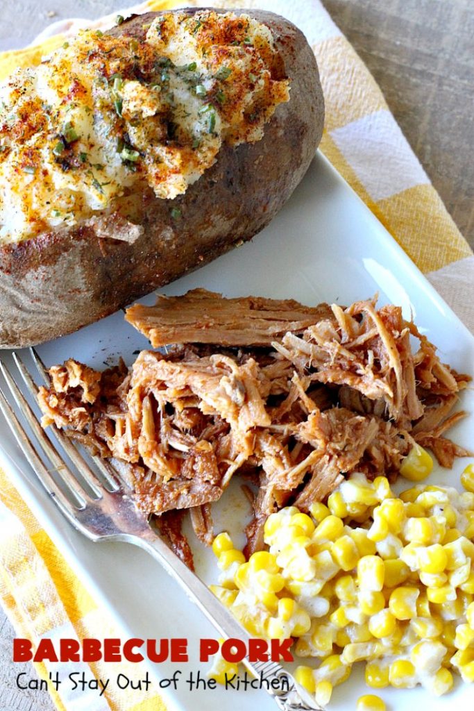 Barbecue Pork | Can't Stay Out of the Kitchen | this is the BEST pulled #pork #recipe ever! We serve it on onion rolls, plain or stuffed in baked potatoes. It's finger lickin' good! The homemade #BBQ sauce is amazing. #BarbecuePork #PulledPork #Sandwich #Crockpot #BBQPorkSandwiches #SlowCooker