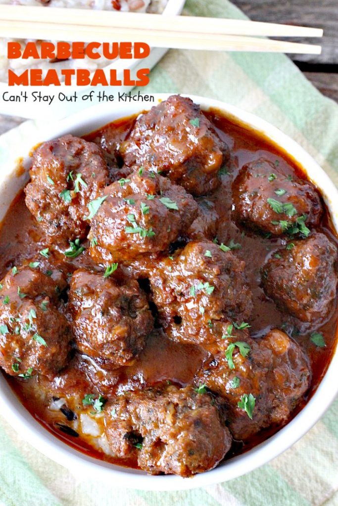 Barbecued Meatballs | Can't Stay Out of the Kitchen | this mouthwatering #slowcooker dish is great as an #appetizer or served over rice for a main dish. Homemade #BBQ sauce is wonderful. The #meatballs are #glutenfree.