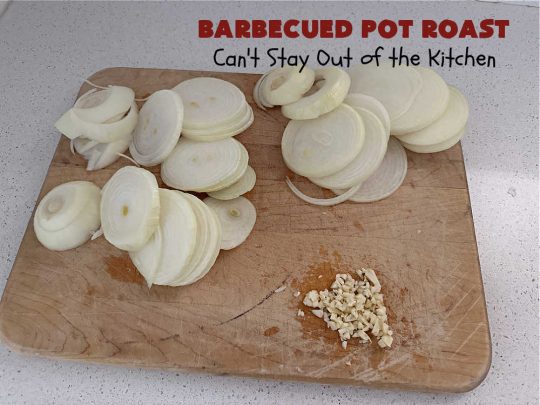 Barbecued Pot Roast | Can't Stay Out of the Kitchen | This delicious #BeefChuckRoast is simple & easy to make right on the stove top. #Garlic, #onions & a tangy homemade #BarbecueSauce flavor the #beef wonderfully. Great #entree for company meals too. #BBQ #ChuckRoast #BeefRoast #BarbecuedPotRoast