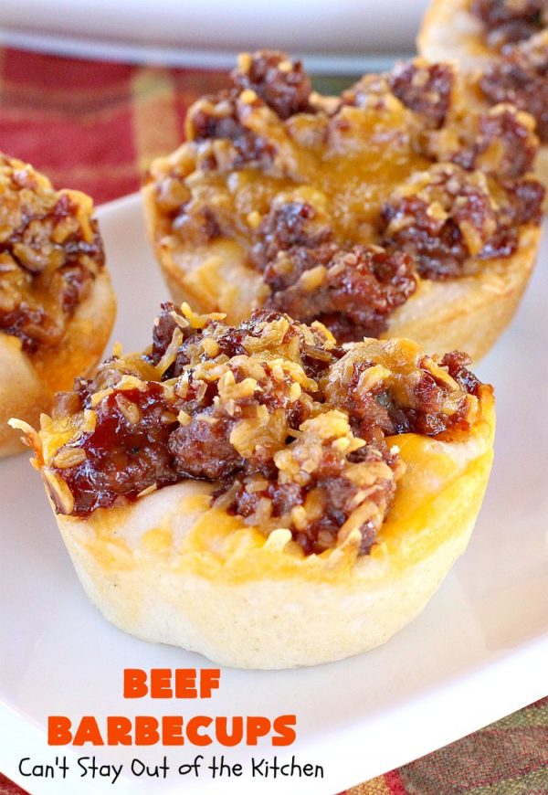 Beef Barbecups | Can't Stay Out of the Kitchen | these fantastic #appetizers use ground #beef, #SweetBabyRays #BBQ sauce & #cheddarcheese. This is a super easy 6-ingredient recipe that's terrific for #tailgating, #NewYearsEve or #SuperBowl parties.