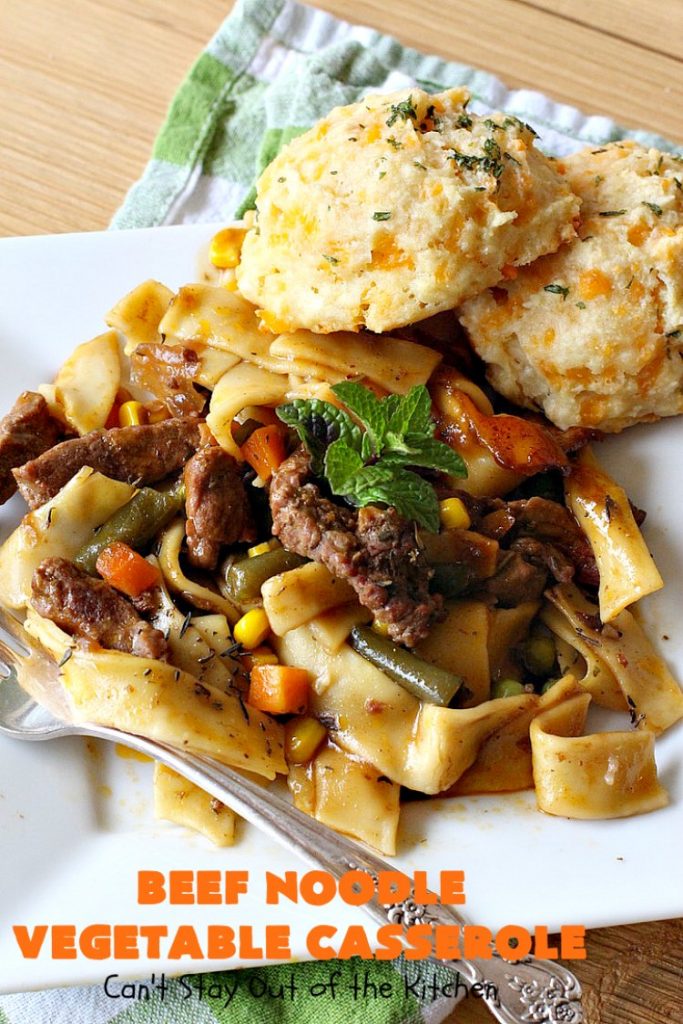 Beef Noodle Vegetable Casserole | Can't Stay Out of the Kitchen | this makes the best comfort food meal ever! The #recipe uses #StewBeef or #steak, #AmishNoodles, mixed vegetables, #Beef #Consomme #FrenchOnionSoup & #GoldenMushroomSoup. The flavors are terrific. Hearty, filling and so satisfying. #BeefNoodleCasserole #BeefNoodleVegetableCasserole #noodles #pasta 
