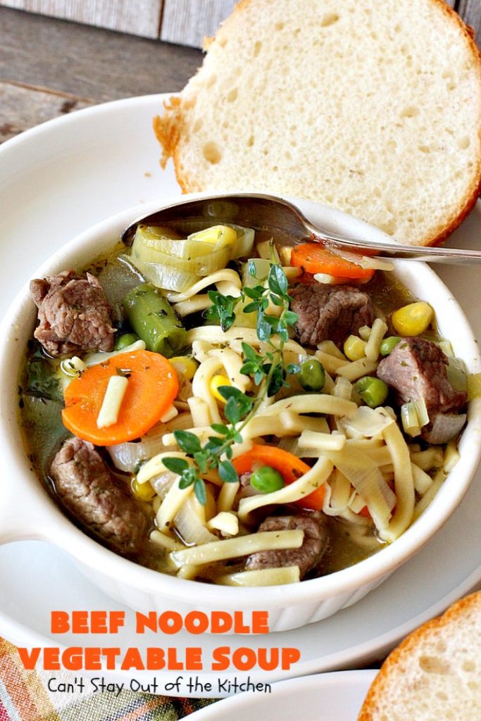 Beef Noodle Vegetable Soup | Can't Stay Out of the Kitchen | this fantastic #soup uses my favorite #Amish #noodles, #StewBeef & lots of #veggies. The seasonings make the taste awesome. It's terrific comfort food for #fall or winter meals. Our company loved this #recipe. #AmishNoodles #carrots #peas #corn #GreenBeans #beef #BeefNoodleVegetableSoup