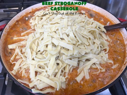 Beef Stroganoff Casserole | Can't Stay Out of the Kitchen | this is the perfect comfort food meal especially in fall or winter. If you enjoy #BeefStroganoff or #HamburgerStroganoff you'll love this irresistible #recipe. #AmishNoodles #GroundBeef #beef #Stroganoff #mushrooms #BeefStroganoffCasserole #MozzarellaCheese