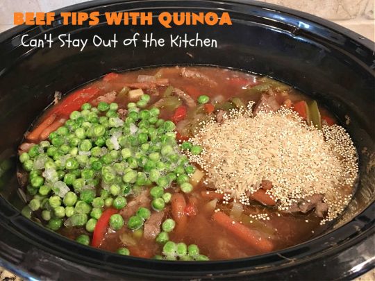 Beef Tips with Quinoa | Can't Stay Out of the Kitchen | sumptuous #beef entree that's made in the #crockpot! Made with #quinoa, #RoundSteak and lots of veggies. We loved this recipe. #healthy #GlutenFree #BeefTips #BeefTipsWithQuinoa #SlowCooker