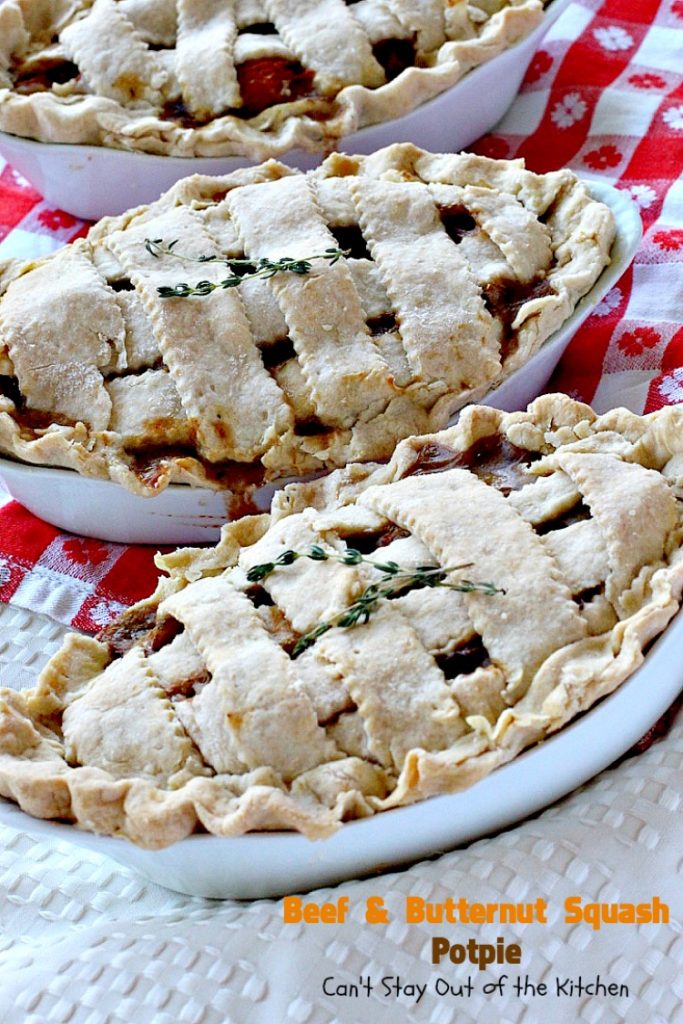Beef and Butternut Squash Potpie | Can't Stay Out of the Kitchen | these #potpies are amazing. #Steak, apples & #butternutsquash are added to lots of veggies and seasoned with just a hint of cinnamon, nutmegs & cloves. Our company loved these #beef potpies. 