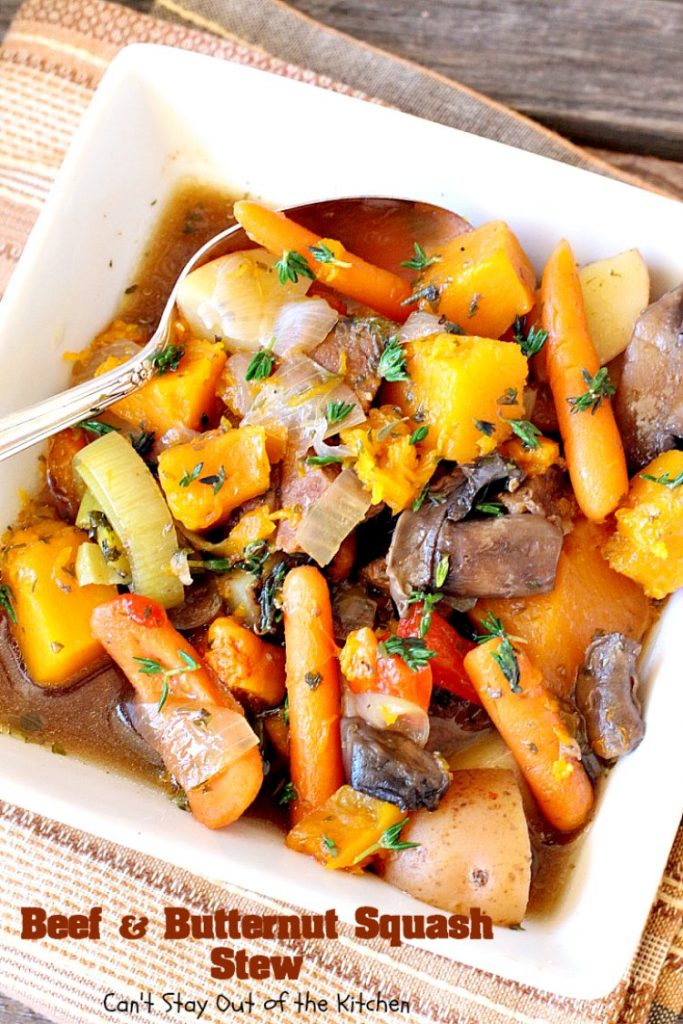 Beef and Butternut Squash Stew | Can't Stay Out of the Kitchen | amazing comfort food. #beef & #butternutsquash work so well together. We loved this #stew. Made in the #crockpot. #glutenfree #soup