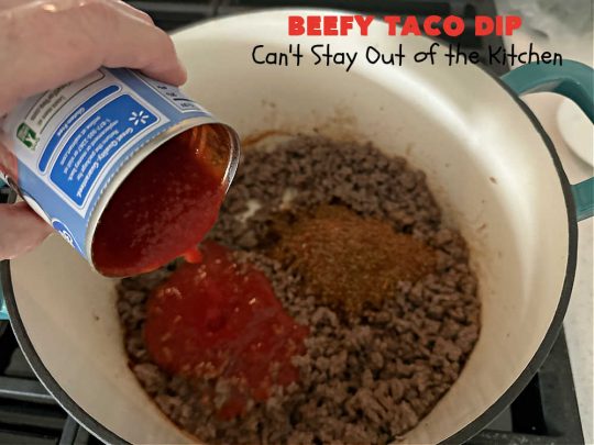 Beefy Taco Dip | Can't Stay Out of the Kitchen | #BeefyTacoDip is a sensational #TexMex #appetizer. This is a #LayeredDip with a #CreamCheese layer, a #GroundBeef layer with #TacoSeasoning & then it's topped with #lettuce, #tomatoes, #GreenOnions & #BellPeppers. Serve with #Fritos or #TortillaChips. Great for #tailgating parties, backyard barbecues or potlucks. #GlutenFree