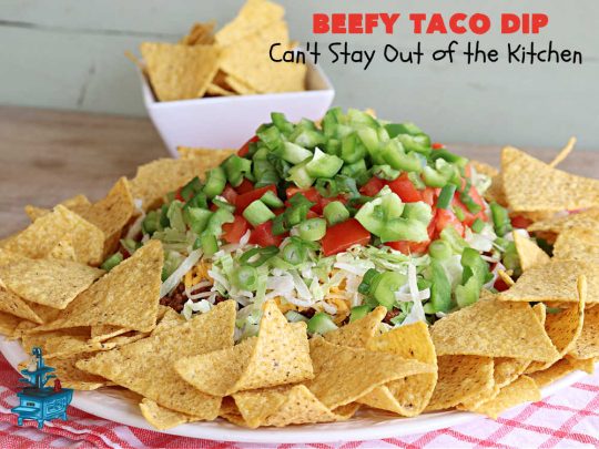 Beefy Taco Dip | Can't Stay Out of the Kitchen | #BeefyTacoDip is a sensational #TexMex #appetizer. This is a #LayeredDip with a #CreamCheese layer, a #GroundBeef layer with #TacoSeasoning & then it's topped with #lettuce, #tomatoes, #GreenOnions & #BellPeppers. Serve with #Fritos or #TortillaChips. Great for #tailgating parties, backyard barbecues or potlucks. #GlutenFree