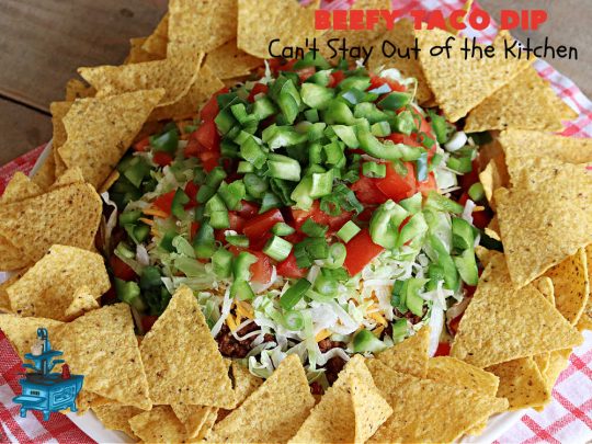 Beefy Taco Dip | Can't Stay Out of the Kitchen | #BeefyTacoDip is a sensational #TexMex #appetizer. This is a #LayeredDip with a #CreamCheese layer, a #GroundBeef layer with #TacoSeasoning & then it's topped with #lettuce, #tomatoes, #GreenOnions & #BellPeppers. Serve with #Fritos or #TortillaChips. Great for #tailgating parties, backyard barbecues or potlucks. #GlutenFree