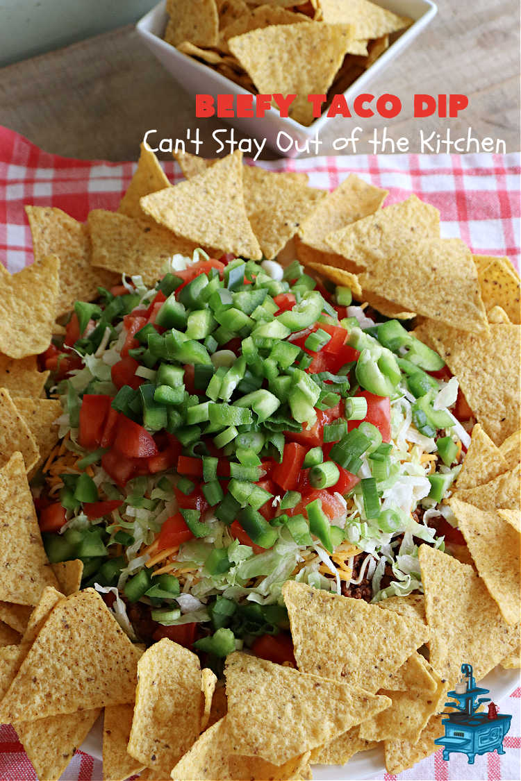 Beefy Taco Dip | Can't Stay Out of the Kitchen | #BeefyTacoDip is a sensational #TexMex #appetizer. This is a #LayeredDip with a #CreamCheese layer, a #GroundBeef layer with #TacoSeasoning & then it's topped with #lettuce, #tomatoes, #GreenOnions & #BellPeppers. Serve with #Fritos or #TortillaChips. Great for #tailgating parties, backyard barbecues or potlucks. #GlutenFree