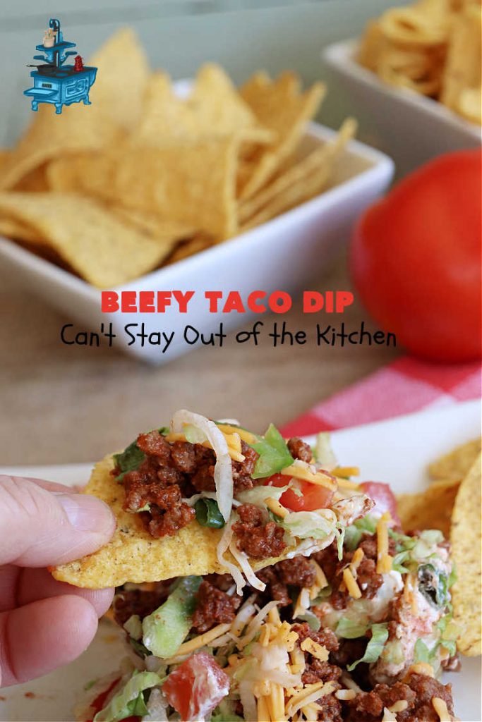 Beefy Taco Dip | Can't Stay Out of the Kitchen | #BeefyTacoDip is a sensational #TexMex #appetizer. This is a #LayeredDip with a #CreamCheese layer, a #GroundBeef layer with #TacoSeasoning & then it's topped with #lettuce, #tomatoes, #GreenOnions & #BellPeppers. Serve with #Fritos or #TortillaChips. Great for #tailgating parties, backyard barbecues or potlucks. #GlutenFree