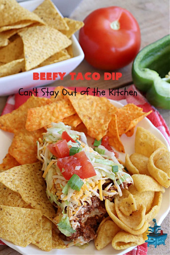 Beefy Taco Dip | Can't Stay Out of the Kitchen | #BeefyTacoDip is a sensational #TexMex #appetizer. This is a #LayeredDip with a #CreamCheese layer, a #GroundBeef layer with #TacoSeasoning & then it's topped with #lettuce, #tomatoes, #GreenOnions & #BellPeppers. Serve with #Fritos or #TortillaChips. Great for #tailgating parties, backyard barbecues or potlucks. #GlutenFree