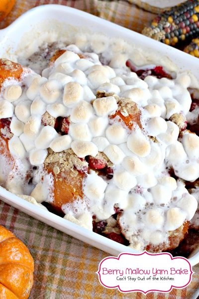 Berry Mallow Yam Bake | Can't Stay Out of the Kitchen | our favorite #holiday #sidedish. This one uses #sweetpotatoes, #cranberries #marshmallows and has a streusel topping. #glutenfree