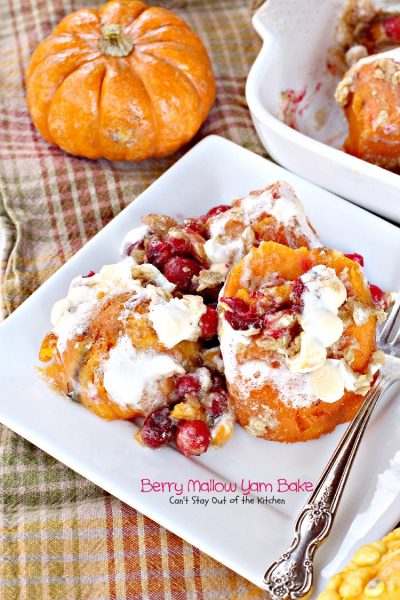 Berry Mallow Yam Bake | Can't Stay Out of the Kitchen | our favorite #holiday #sidedish. This one uses #sweetpotatoes, #cranberries #marshmallows and has a streusel topping. #glutenfree