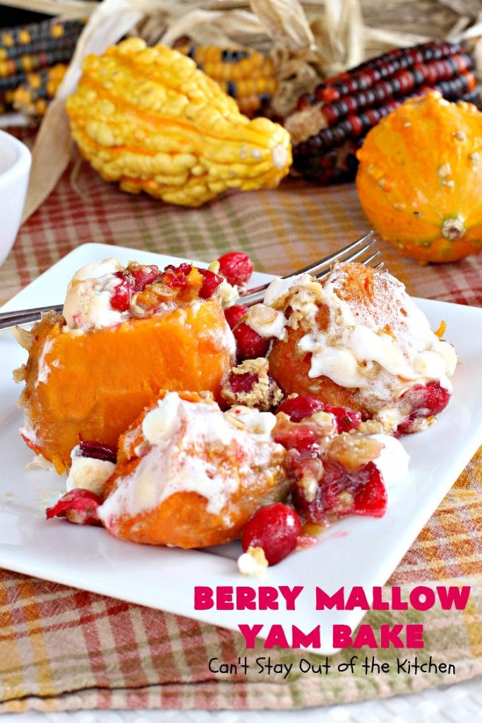 Berry Mallow Yam Bake | Can't Stay Out of the Kitchen | this is my husband's favorite #sweetpotato #casserole hands down! He eats this like a #dessert! It uses #cranberries, an oatmeal streusel topping, & #marshmallows on top. It's terrific for any #holiday or company dinner, but especially great for #Thanksgiving and #Christmas. #glutenfree
