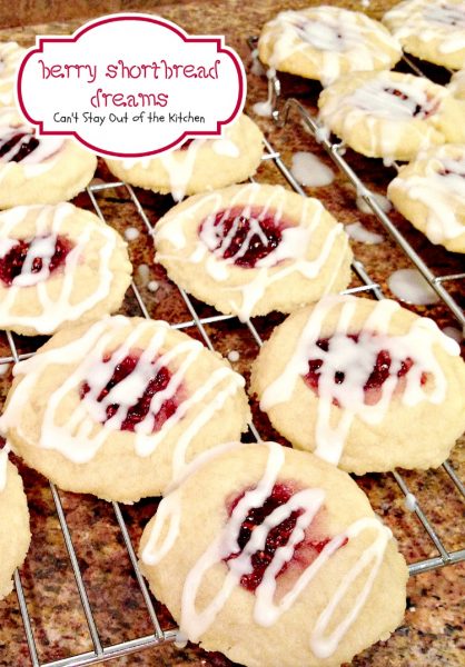 Berry Shortbread Dreams | Can't Stay Out of the Kitchen | These amazing #shortbread #cookies are filled with #raspberry jam and #almond flavoring. Then they're iced with an almond-flavored icing. They're much easier to make than they look! #dessert