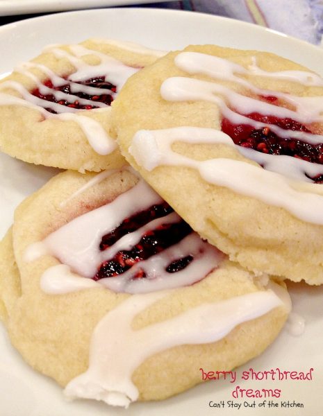 Berry Shortbread Dreams | Can't Stay Out of the Kitchen | These amazing #shortbread #cookies are filled with #raspberry jam and #almond flavoring. Then they're iced with an almond-flavored icing. They're much easier to make than they look! #dessert