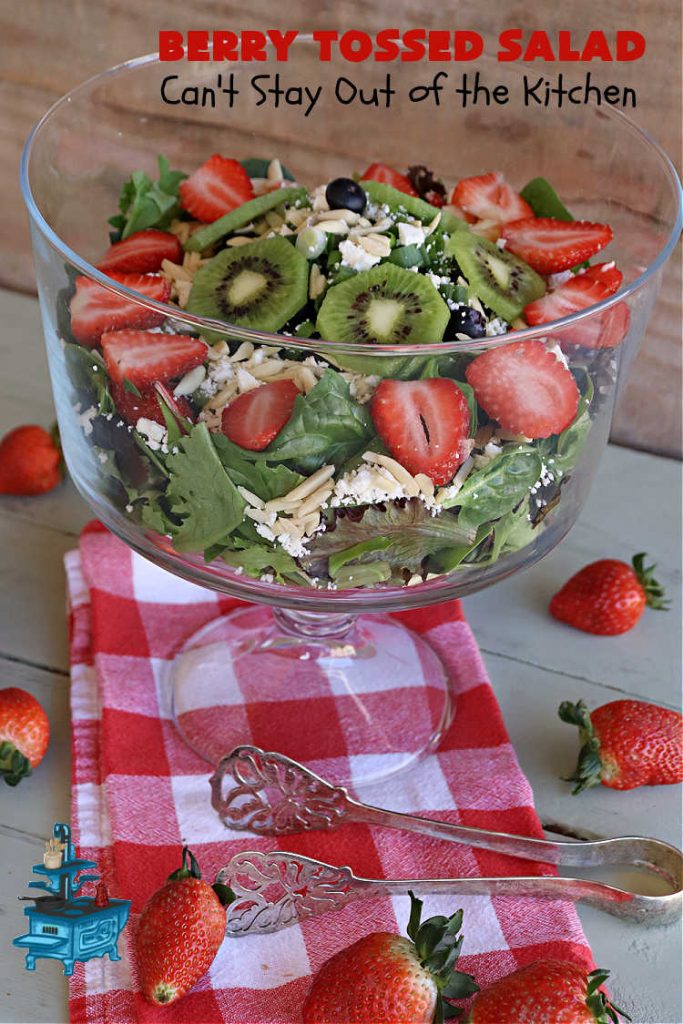 Berry Tossed Salad | Can't Stay Out of the Kitchen | this lovely #TossedSalad with #fruit includes #strawberries, #blueberries, #kiwi, #FetaCheese & slivered #almonds. The #SaladDressing includes #RaspberryJam & it sets the #salad off perfectly. If you enjoy fruity salads, this one is spectacular & is calling your name! Great company or #holiday salad too. #BerryTossedSalad #GlutenFreeBerry Tossed Salad | Can't Stay Out of the Kitchen | this lovely #TossedSalad with #fruit includes #strawberries, #blueberries, #kiwi, #FetaCheese & slivered #almonds. The #SaladDressing includes #RaspberryJam & it sets the #salad off perfectly. If you enjoy fruity salads, this one is spectacular & is calling your name! Great company or #holiday salad too. #BerryTossedSalad #GlutenFree