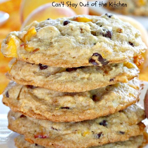 Best Chocolate Chip Peach Cookies | Can't Stay Out of the Kitchen | Who would believe that #peaches & #chocolate pair so well together? These #cookies were spectacular. Our company raved over them. #dessert #chocolatechips