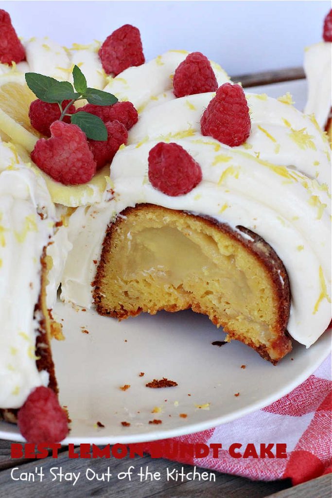 Best Lemon Bundt Cake | Can't Stay Out of the Kitchen | this fantastic #cake is better than #NothingBundtCakes! It uses a #lemon cake mix, lemon jell-O, vanilla pudding mix & #LemonPieFilling. Then it's topped with a scrumptious #CreamCheese icing that's out of this world. If you enjoy lemony #desserts this one is terrific for #holiday or company dinners. #HolidayDessert #LemonDessert #LemonCake #BestLemonBundtCake