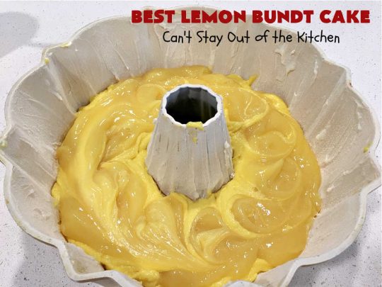 Best Lemon Bundt Cake | Can't Stay Out of the Kitchen | this fantastic #cake is better than #NothingBundtCakes! It uses a #lemon cake mix, lemon jell-O, vanilla pudding mix & #LemonPieFilling. Then it's topped with a scrumptious #CreamCheese icing that's out of this world. If you enjoy lemony #desserts this one is terrific for #holiday or company dinners. #HolidayDessert #LemonDessert #LemonCake #BestLemonBundtCake