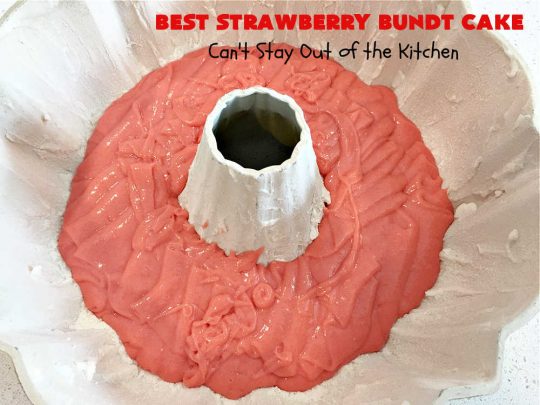 Best Strawberry Bundt Cake | Can't Stay Out of the Kitchen | This is a better version that #NothingBundtCakes that will wow your friends and knock your socks off! This delectable #cake is rich, decadent & heavenly. It's made with #Strawberry cake mix, strawberry jello & #StrawberryPieFilling. The #CreamCheese icing is luscious & irresistible! #StrawberryBundtCake #dessert #StrawberryDessert #holiday #HolidayDessert #BestStrawberryBundtCake