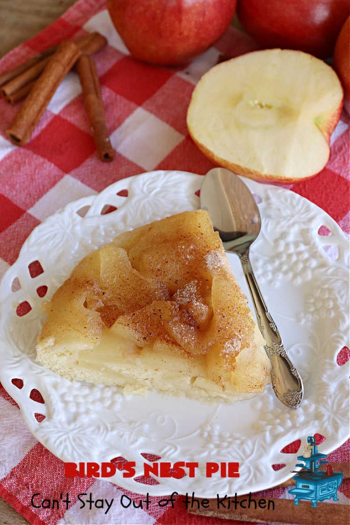 Bird's Nest Pie | Can't Stay Out of the Kitchen | Don't be thrown off by the name of this scrumptious #dessert. Rather than #pie, this #AppleDessert is more like an AppleUpsideDownCake. It uses only 7 ingredients & the perfect #dessert for young children to make. They'll enjoy the name as well as the taste of this tempting #apple #dessert. #cake #UpsideDownCake #BirdsNestPie