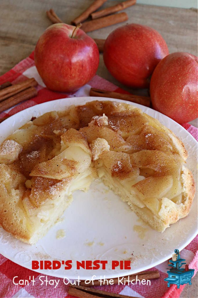 Bird's Nest Pie | Can't Stay Out of the Kitchen | Don't be thrown off by the name of this scrumptious #dessert. Rather than #pie, this #AppleDessert is more like an AppleUpsideDownCake. It uses only 7 ingredients & the perfect #dessert for young children to make. They'll enjoy the name as well as the taste of this tempting #apple #dessert. #cake #UpsideDownCake #BirdsNestPie