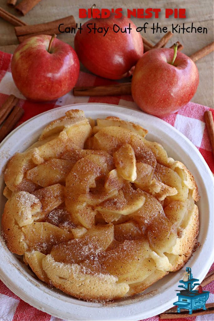 Bird's Nest Pie | Can't Stay Out of the Kitchen | Don't be thrown off by the name of this scrumptious #dessert. Rather than #pie, this #AppleDessert is more like an AppleUpsideDownCake. It uses only 7 ingredients & the perfect #dessert for young children to make. They'll enjoy the name as well as the taste of this tempting #apple #dessert. #cake #UpsideDownCake #BirdsNestPie