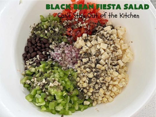 Black Bean Fiesta Salad | Can't Stay Out of the Kitchen | this quick & easy #MarinatedSalad is perfect for hot, #summer evenings when you don't want to heat your kitchen making a #SideDish. Also terrific for #potlucks, & #BackyardBarbecues. #GlutenFree #Corn #BlackBeans #salad #BlackBeanFiestaSalad