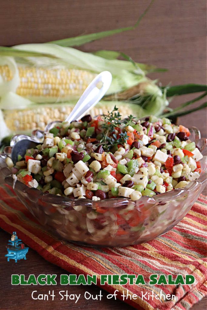 Black Bean Fiesta Salad | Can't Stay Out of the Kitchen | this quick & easy #MarinatedSalad is perfect for hot, #summer evenings when you don't want to heat your kitchen making a #SideDish. Also terrific for #potlucks, & #BackyardBarbecues. #GlutenFree #Corn #BlackBeans #salad #BlackBeanFiestaSalad