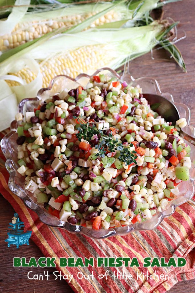 Black Bean Fiesta Salad | Can't Stay Out of the Kitchen | this quick & easy #MarinatedSalad is perfect for hot, #summer evenings when you don't want to heat your kitchen making a #SideDish. Also terrific for #potlucks, & #BackyardBarbecues. #GlutenFree #Corn #BlackBeans #salad #BlackBeanFiestaSalad