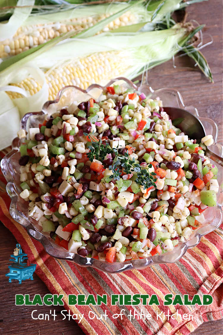 Black Bean Fiesta Salad | Can't Stay Out of the Kitchen | this quick & easy #MarinatedSalad is perfect for hot, #summer evenings when you don't want to heat your kitchen making a #SideDish. Also terrific for #potlucks, & #BackyardBarbecues. #GlutenFree #Corn #BlackBeans #salad #BlackBeanFiestaSalad